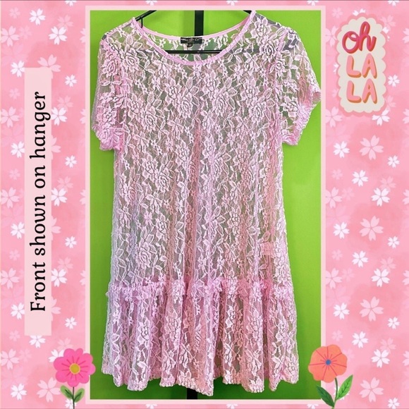 L PINK SHEER FLORAL LACE TUNIC DRESS RUFFLE HEM PREOWNED ITEM - Picture 3 of 12